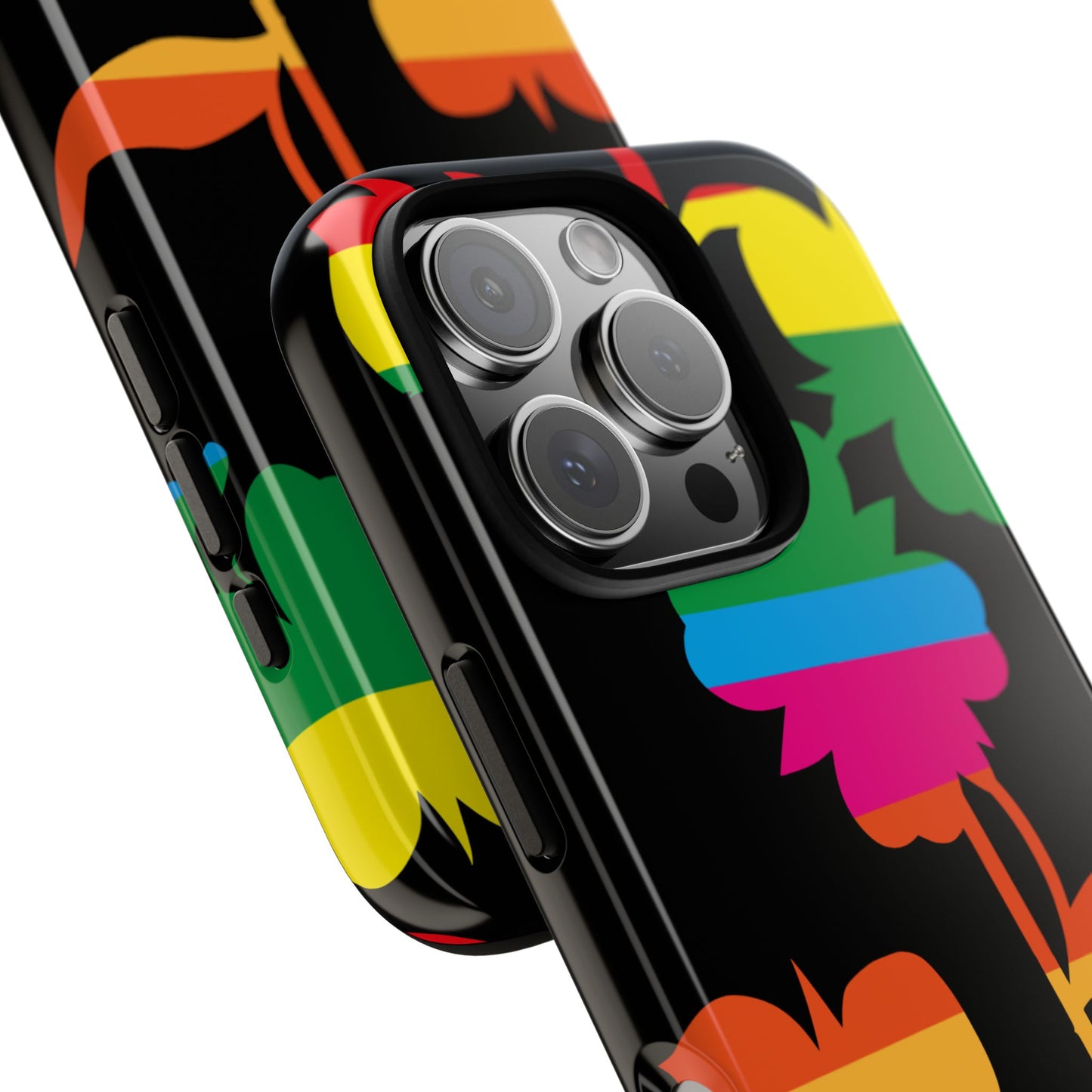Rainbow Wildflower Tough Phone Case - Retro Pop Art Floral on Black, Fits iPhone, Samsung Galaxy & Google Pixel, Various Models