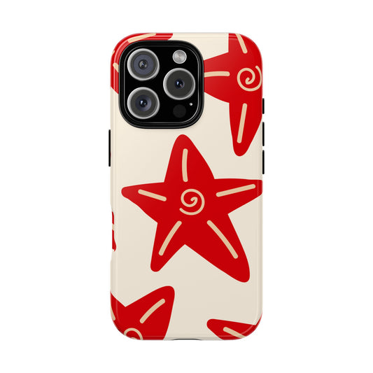 Red Starfish Tough Phone Case - Bold Beach-Inspired Cover on Cream Background, Fits iPhone 16 15 14 13 12 11 Pro Max, Samsung & Google Pixel