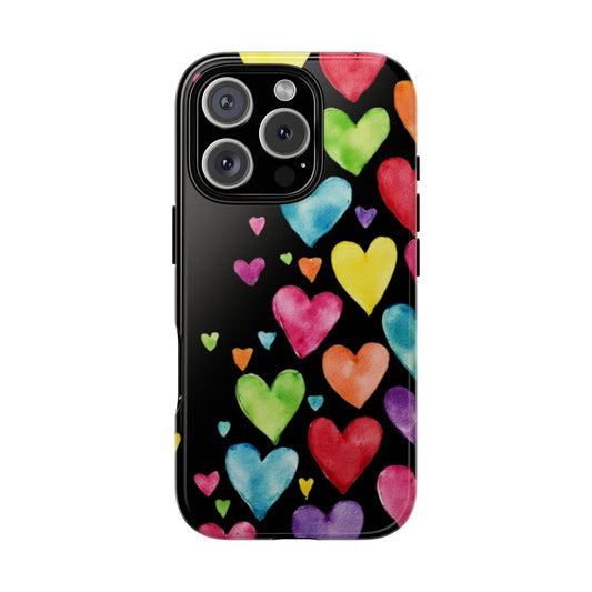 Rainbow Hearts Phone Case - Colorful Watercolor Heart Design on Black Background - Tough Protective Case