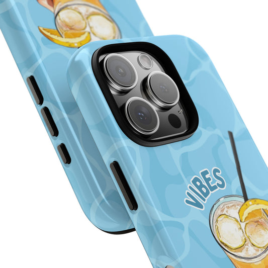 VIBES Phone Case - Poolside Cocktail Summer Case for Popular Smartphones - Retro Fun Illustration - Orange Drink Art on Aqua Water Background