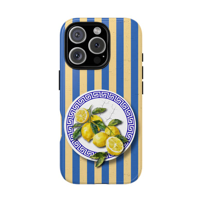 Mediterranean Lemons Phone Case - Tough Dual Layer iPhone & Samsung Cover - Blue Gold Greek Plate Design