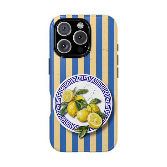 Mediterranean Lemons Phone Case - Tough Dual Layer iPhone & Samsung Cover - Blue Gold Greek Plate Design
