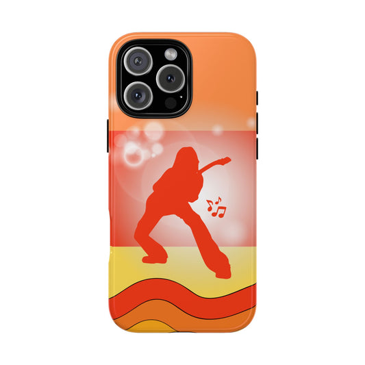 Retro Guitarist Tough Phone Case - Music Silhouette Design - Vintage Orange Waves