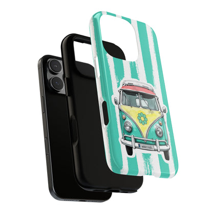 Retro Camper Van Tough Phone Case - Woodstock Hippie Bus Design on Turquoise Stripes