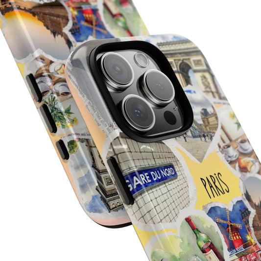 Paris France Tough Phone Case - Watercolor Collage of Eiffel Tower, Louvre, Wine & Coffee - Romantic Travel Gift for Her or Him