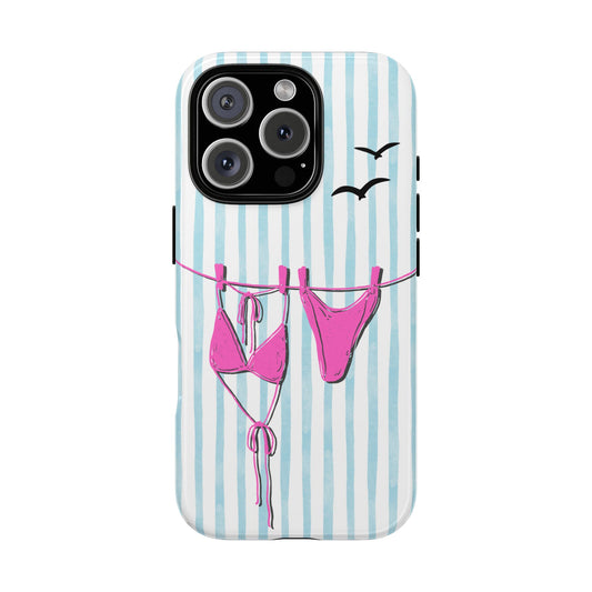 Pink Bikini & Blue Stripes - Cute Summer Tough Phone Case for iPhone and Samsung, Wraparound Beach Aesthetic Cover