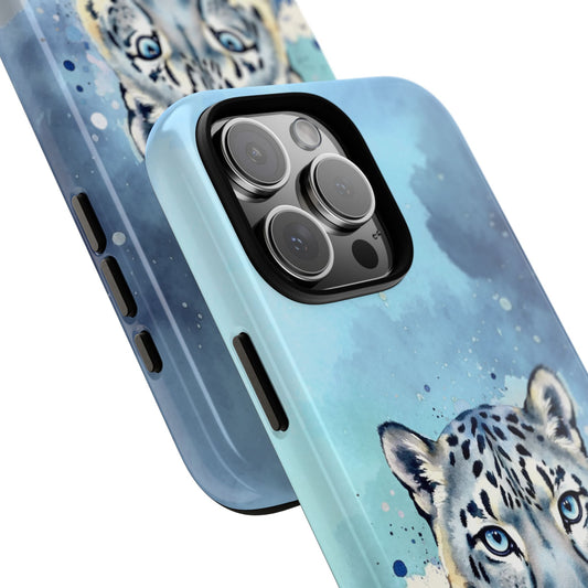 Snow Leopard Tough Phone Case - Arctic Spirit Wildlife Art - Blue Watercolor Animal Design