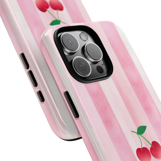 Retro Cherry Tough Phone Case - Pink Stripes Aesthetic