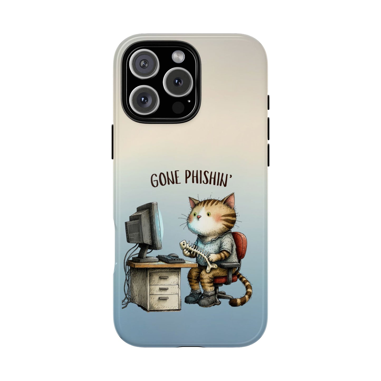 Funny Work Cat Phone Case - Gone Phishin' Tech Cat Design - Office Humor Case - IT Gift Idea - Geek Cat Illustration