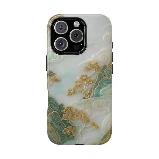 Chinese Jade Carving Style 3D Wraparound Tough Case, Mountain View, Bonsai Trees, Elegant Luxury, Protective Cover for iPhone & Samsung