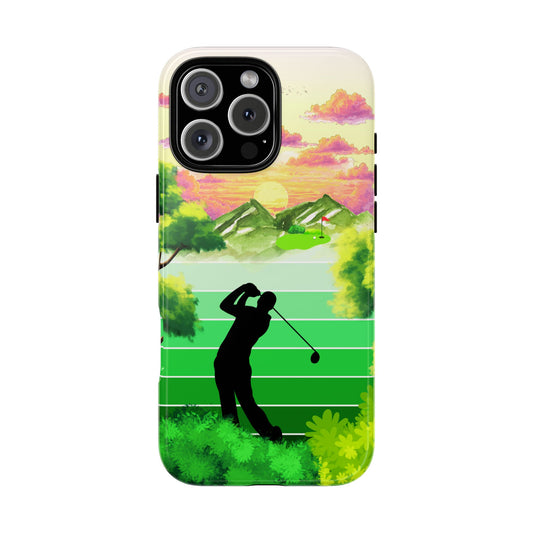 Golf Sunset Tough Phone Case - Golfer Silhouette Mountain Landscape Art