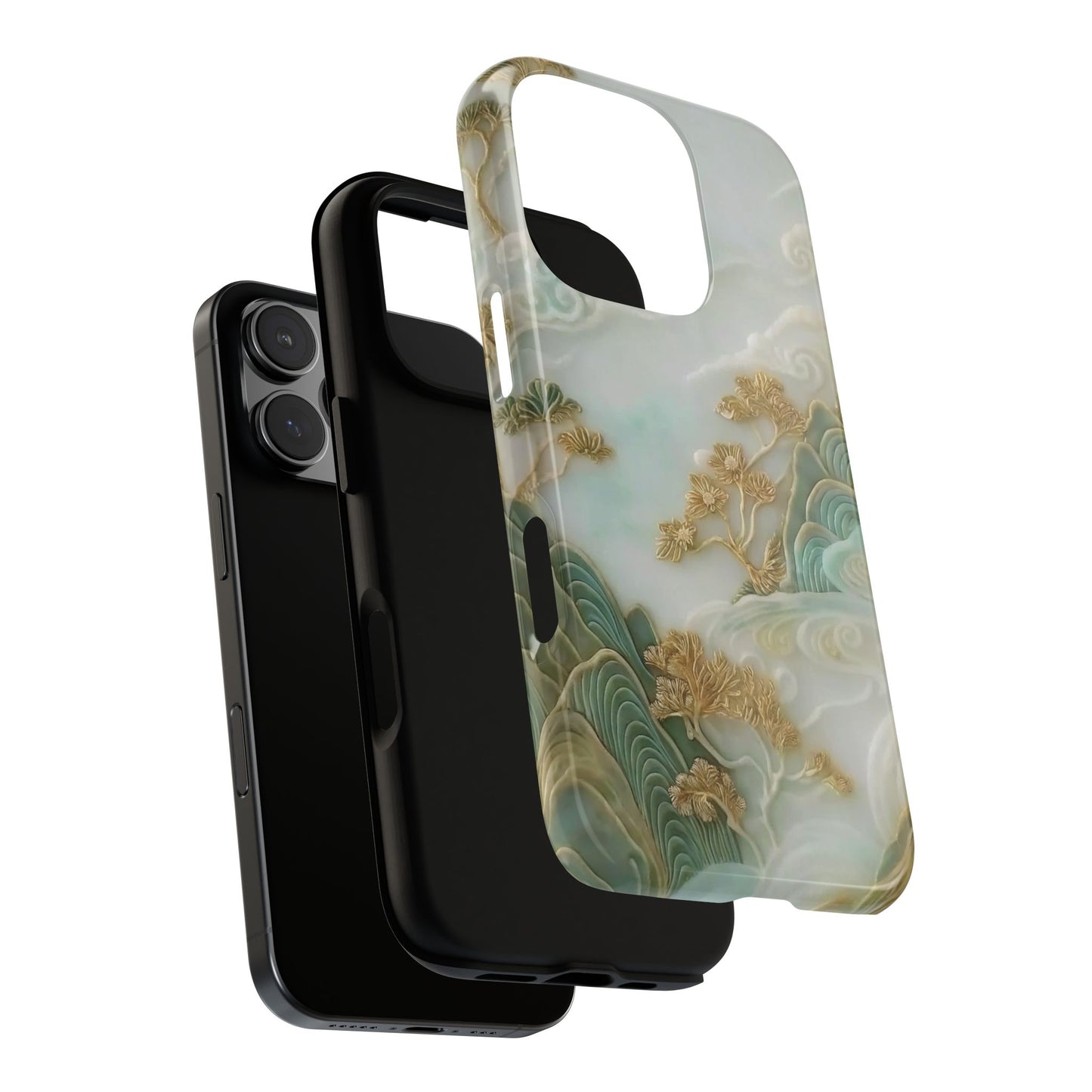 Chinese Jade Carving Style 3D Wraparound Tough Case, Mountain View, Bonsai Trees, Elegant Luxury, Protective Cover for iPhone & Samsung