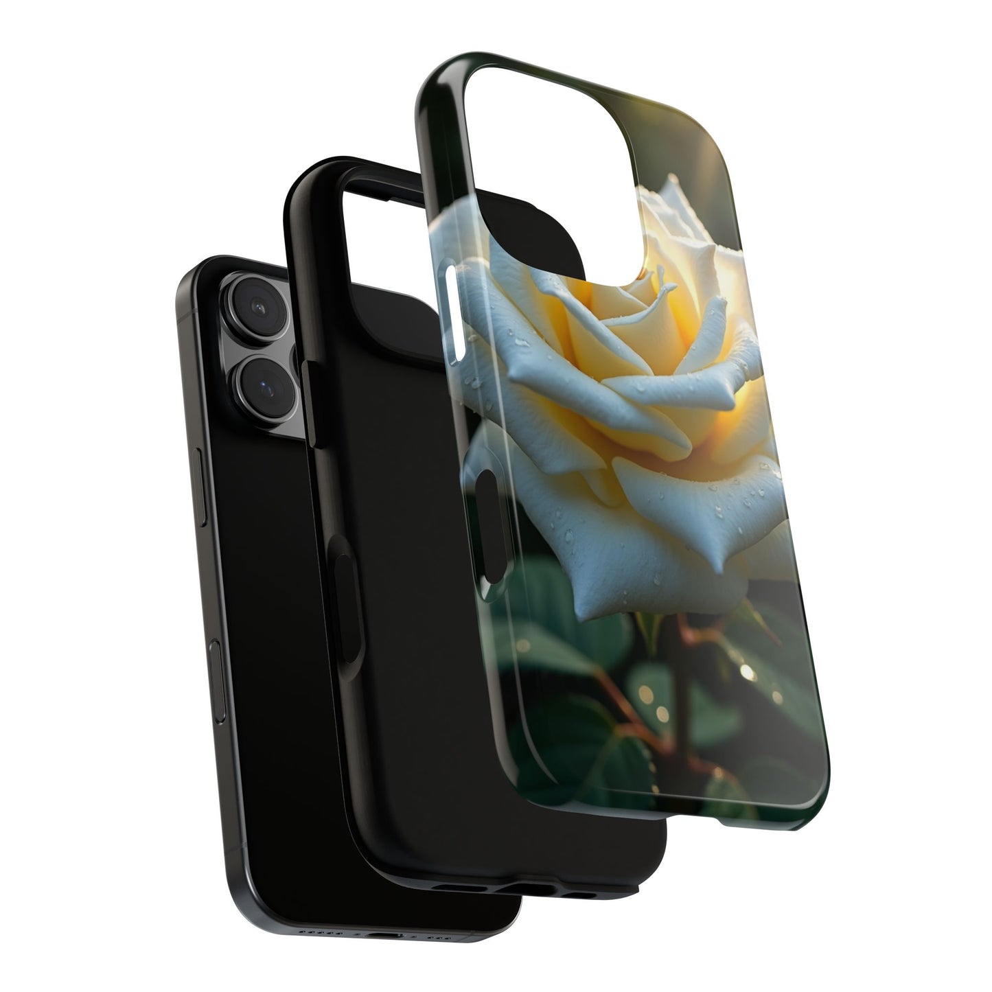 Phone Cases, White Rose Flower with Water Drops on Dark Background, Floral Accessories, Protective Cover, Floral iPhone Case, Unique Gift