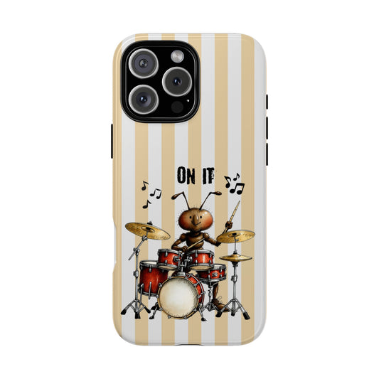 On It Ant Phone Case - Focused Drummer Illustration - Minimal Stripe Background Tough Case