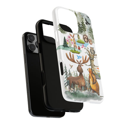 Woodland Friends Tough Phone Case - Forest Animals & Mountain Adventure Scene