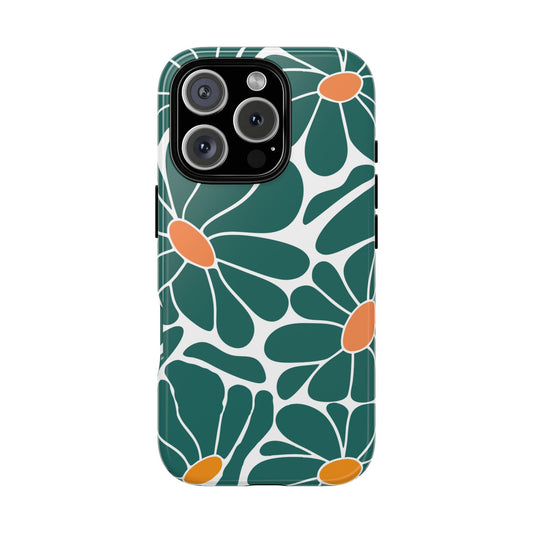 Bold Retro Boho Floral Phone Case - Abstract Green & Orange Flowers Tough Case for iPhone and Samsung - Mid Century Graphic Pattern