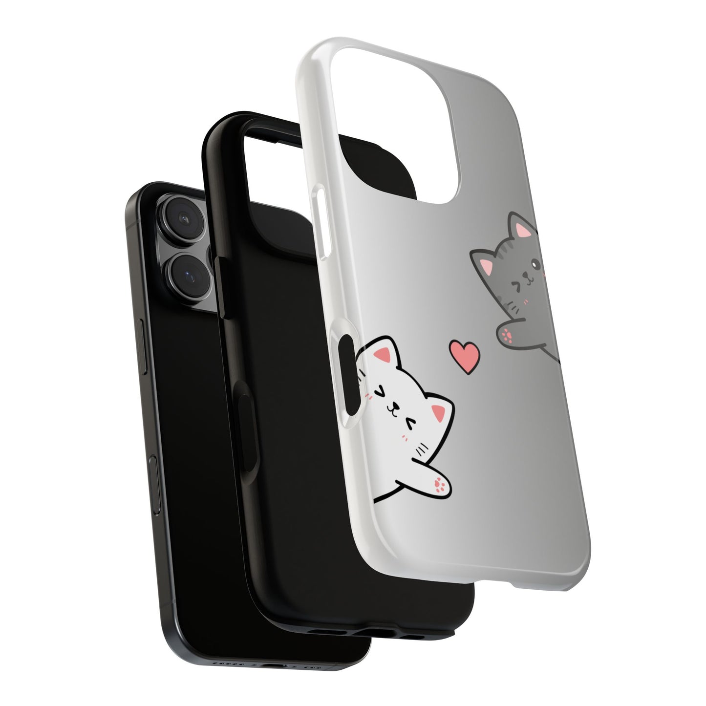 Cute Cat Couple Phone Case - Kawaii Cat & Heart Design - Protective Tough Case