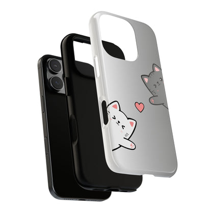 Cute Cat Couple Phone Case - Kawaii Cat & Heart Design - Protective Tough Case