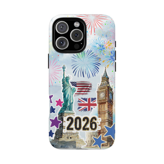 2026 World Celebration Phone Case - USA UK Landmarks Fireworks Tough Case