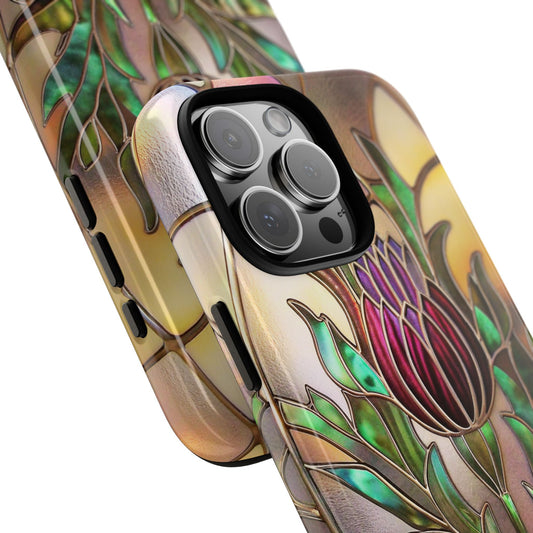 Stained Glass Thistle Phone Case - Scottish Floral Art - Bright Purple Lilac Blue Design - Tough Protective Case