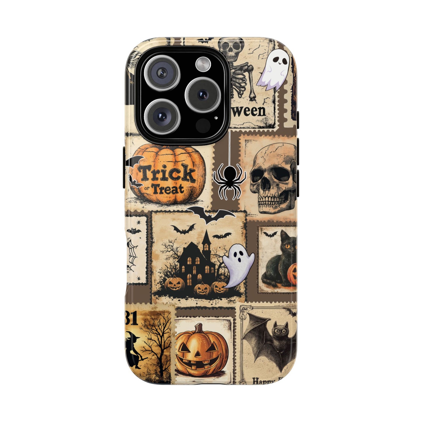 Vintage Halloween Stamp Phone Case - Witch Skull Pumpkin Cat Design - Spooky Collage