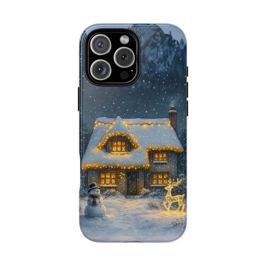 Snowy Cottage with Reindeer Lights Tough Phone Case