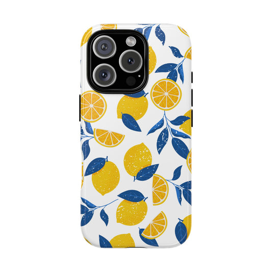 Lemon Pattern Phone Case - Bright Citrus Design for iPhone & Samsung - Summer Fruit Aesthetic - Bold Yellow and Blue Illustration