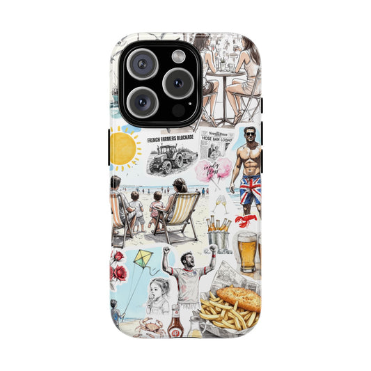 English Summer Collage Tough Phone Case - Beach, Fish & Chips, Seaside Vibes, Vintage British Aesthetic for iPhone and Samsung phones