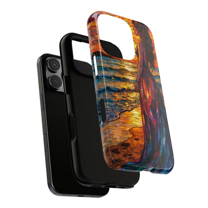 Sunset Woman Stained Glass Effect Phone Case, Beach 3D Mosaic Pearl Tough Case for Popular Smartphones, Unique Protective Gift