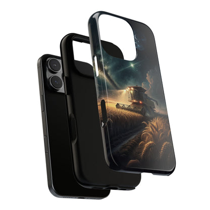 Night Harvest Tough Phone Case - Combine Harvester at Night in Spotlight Wheat Field