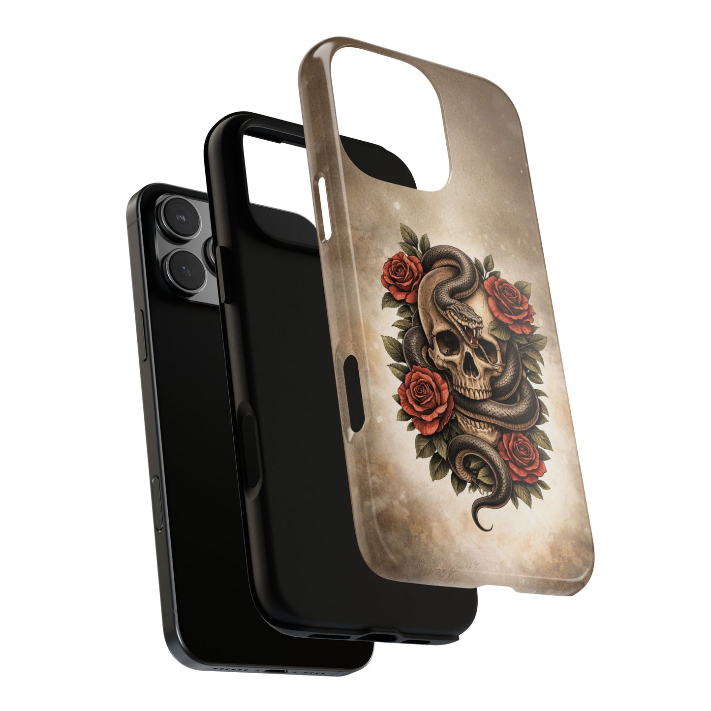 Snake Skull Red Roses Tough Phone Case | Gothic Floral Tattoo Design