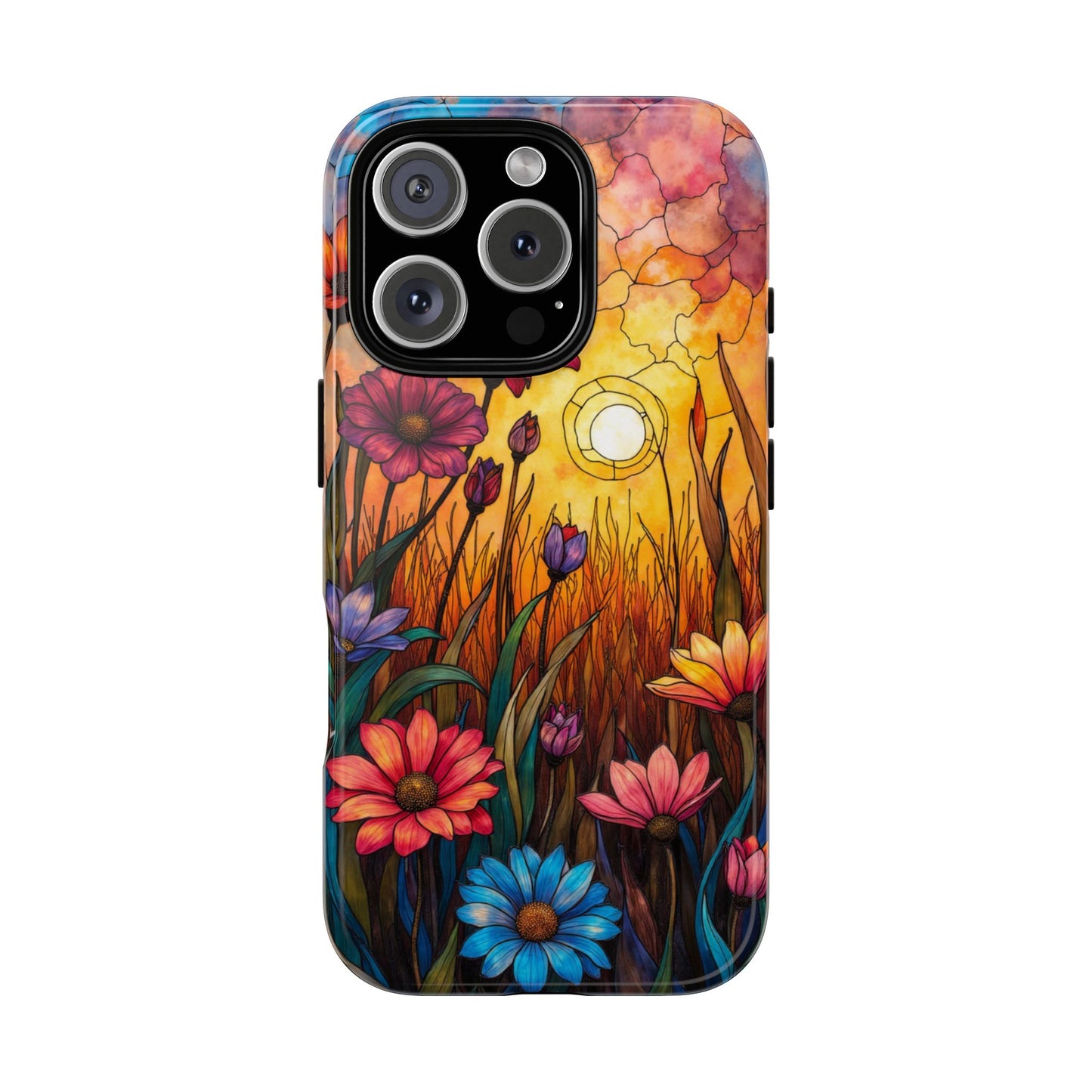 Flower Field Stain Glass Effect Phone Case, Eco-Friendly Tough Case, Floral Smartphone Accessory, Gift for Her