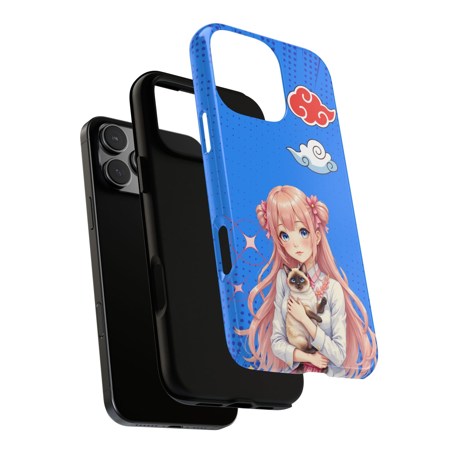 Blue Cloud Cat Girl - Kawaii Anime Style Tough Phone Case - Pink Hair Art & Cat Companion