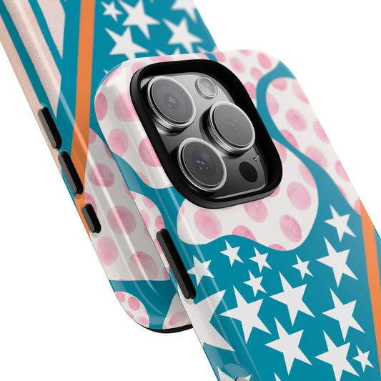 Abstract Stars Stripes and Polka Dots Tough Phone Case - Retro Red White Blue Modern Pop Art Vibe for popular smartphones