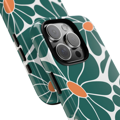 Bold Retro Boho Floral Phone Case - Abstract Green & Orange Flowers Tough Case for iPhone and Samsung - Mid Century Graphic Pattern