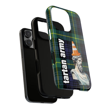 Tartan Army Phone Case - Humorous Scottish Statue Cone Design on Green Plaid for iPhone & Samsung