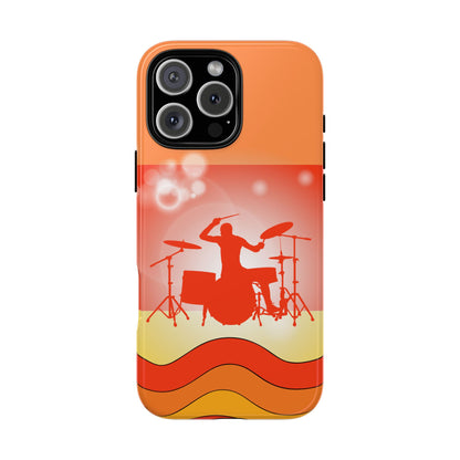 Retro Drummer Tough Phone Case - Music Silhouette Design - Orange Wave Pattern