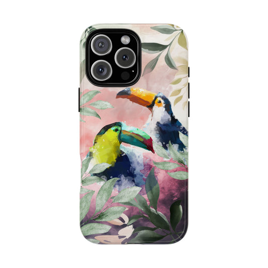 Toucan Watercolor Art Tough Phone case - Tropical Bird Leaf Design Phone Cover - Colourful Jungle Illustration Protective Case