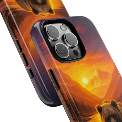 Sunrise Bear Tough Phone Case - Mountain River Wildlife Scene in Golden Light