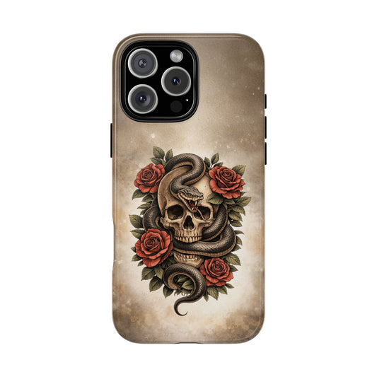 Snake Skull Red Roses Tough Phone Case | Gothic Floral Tattoo Design