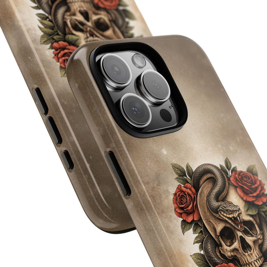 Snake Skull Red Roses Tough Phone Case | Gothic Floral Tattoo Design