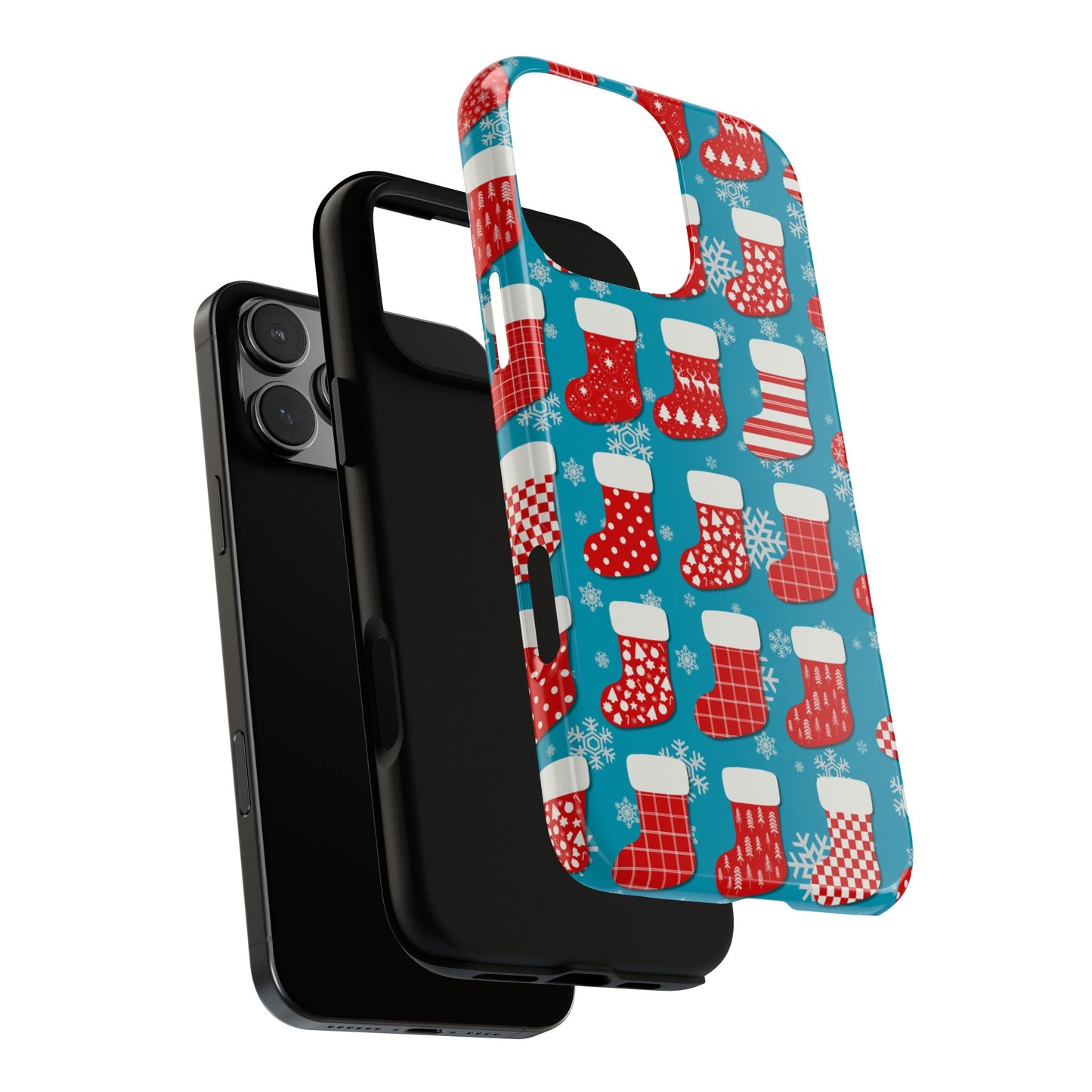 Red Christmas Stockings Tough Phone Case - Festive Holiday Pattern on Blue Background