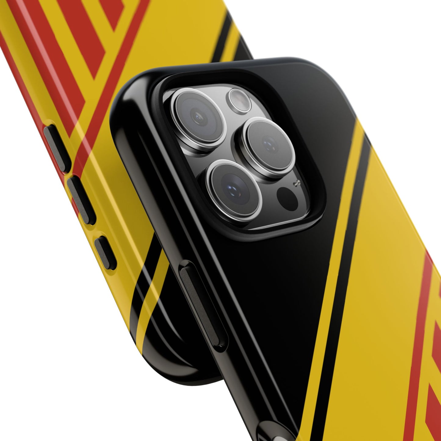 Diagonal Power Stripes Tough Phone Case - Geometric Abstract in Yellow, Red & Black for iPhone 16 - 11, Samsung S25 - S20 and Google Pixel