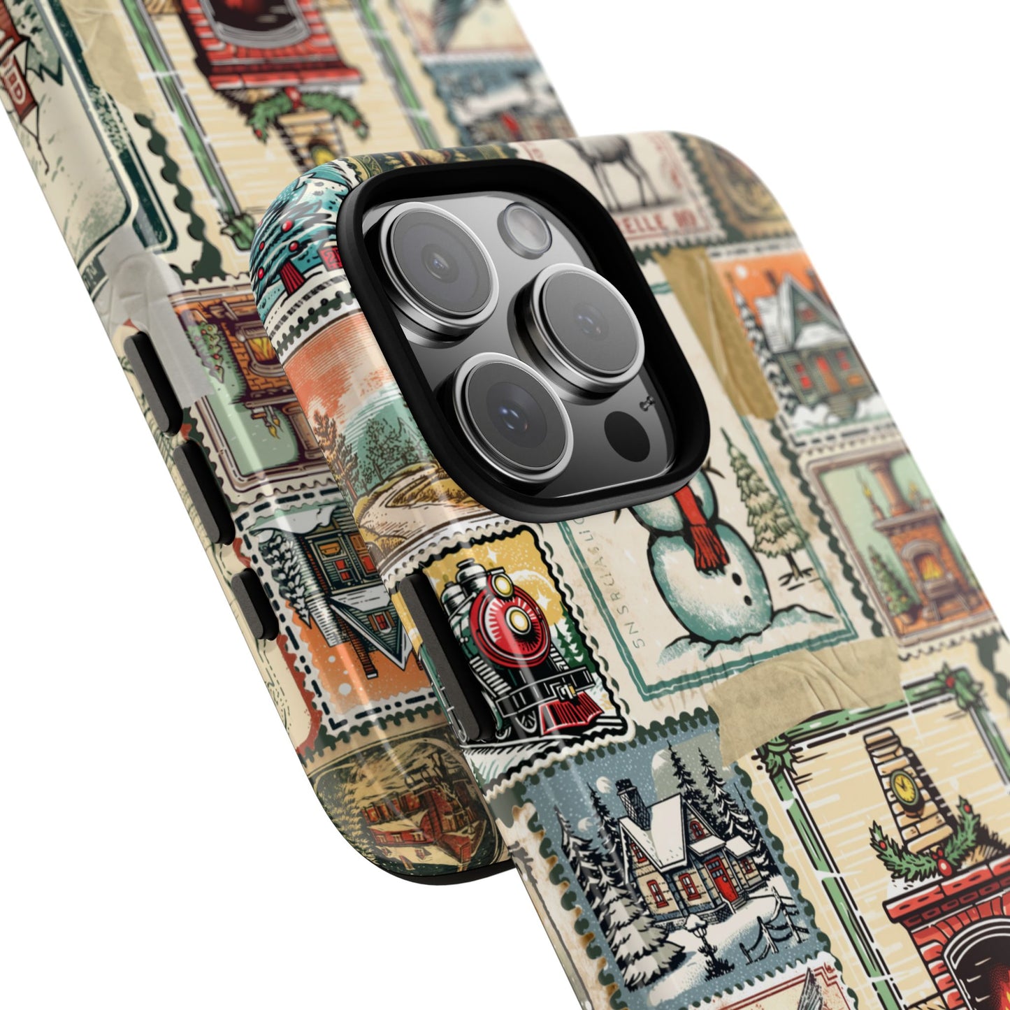 Vintage Christmas Postage Tough Phone Case - Retro Stamp Collage with Snowman & Fireplace