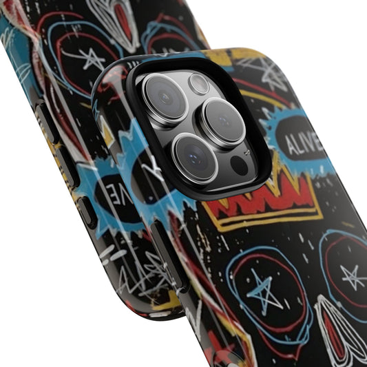 Crowned Skull Street Art Tough Phone Case - Basquiat-Inspired Design with Primal Scribbles for Popular Smartphones, Urban Art Style