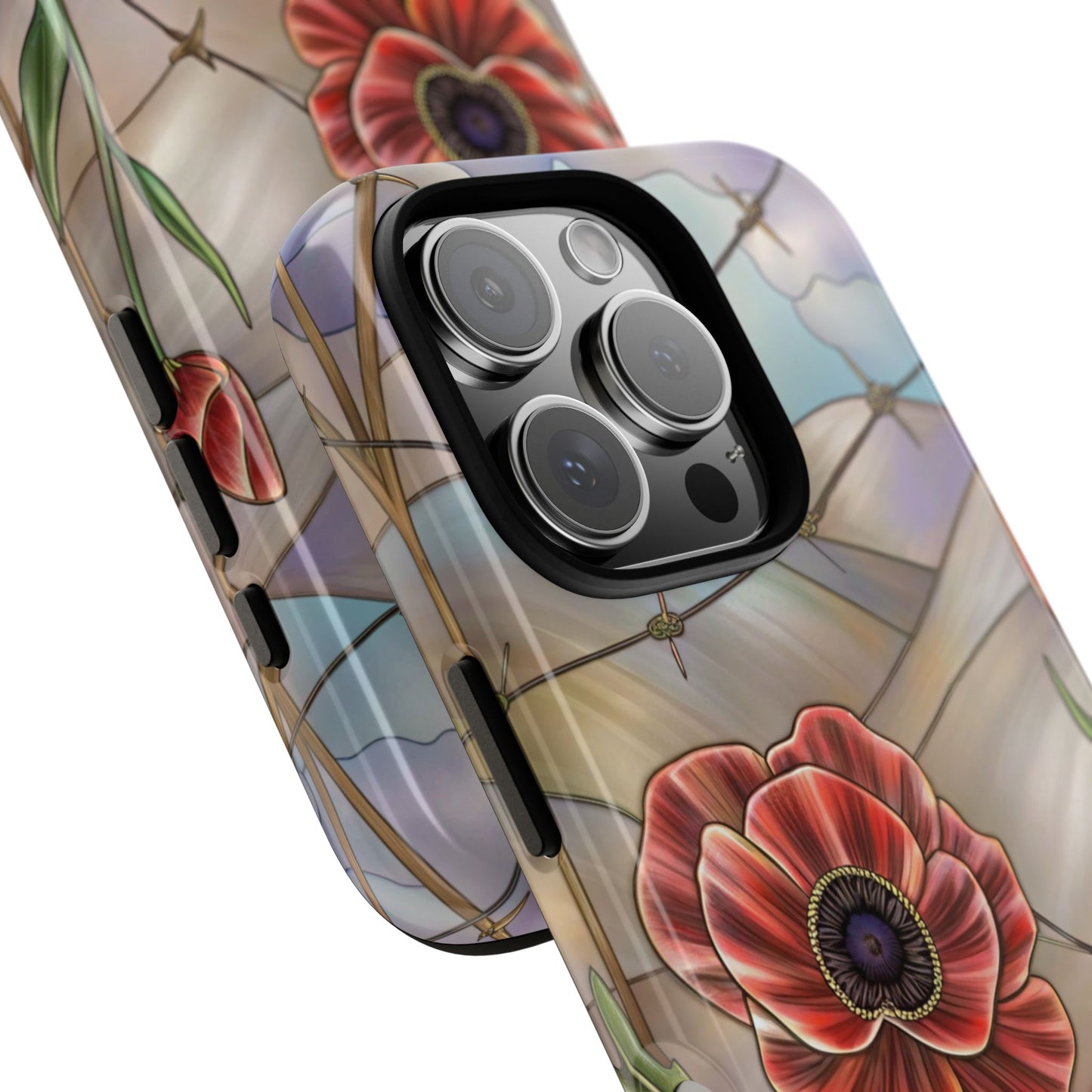 Stained Glass Poppies Phone Case - WWI Memorial Design with Barbed Wire - Tough Case for iPhone & Samsung Galaxy