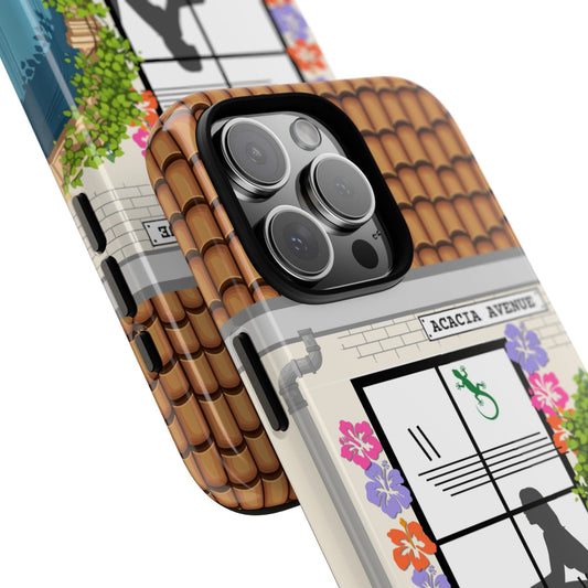 Acacia Avenue Suburbia Phone Case - Sunny Floral Window Scene with Cat & Silhouette