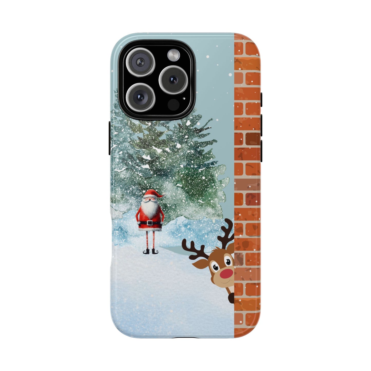Santa & Reindeer Peek Tough Phone Case - Christmas Cartoon Design with Winter Forest Scene