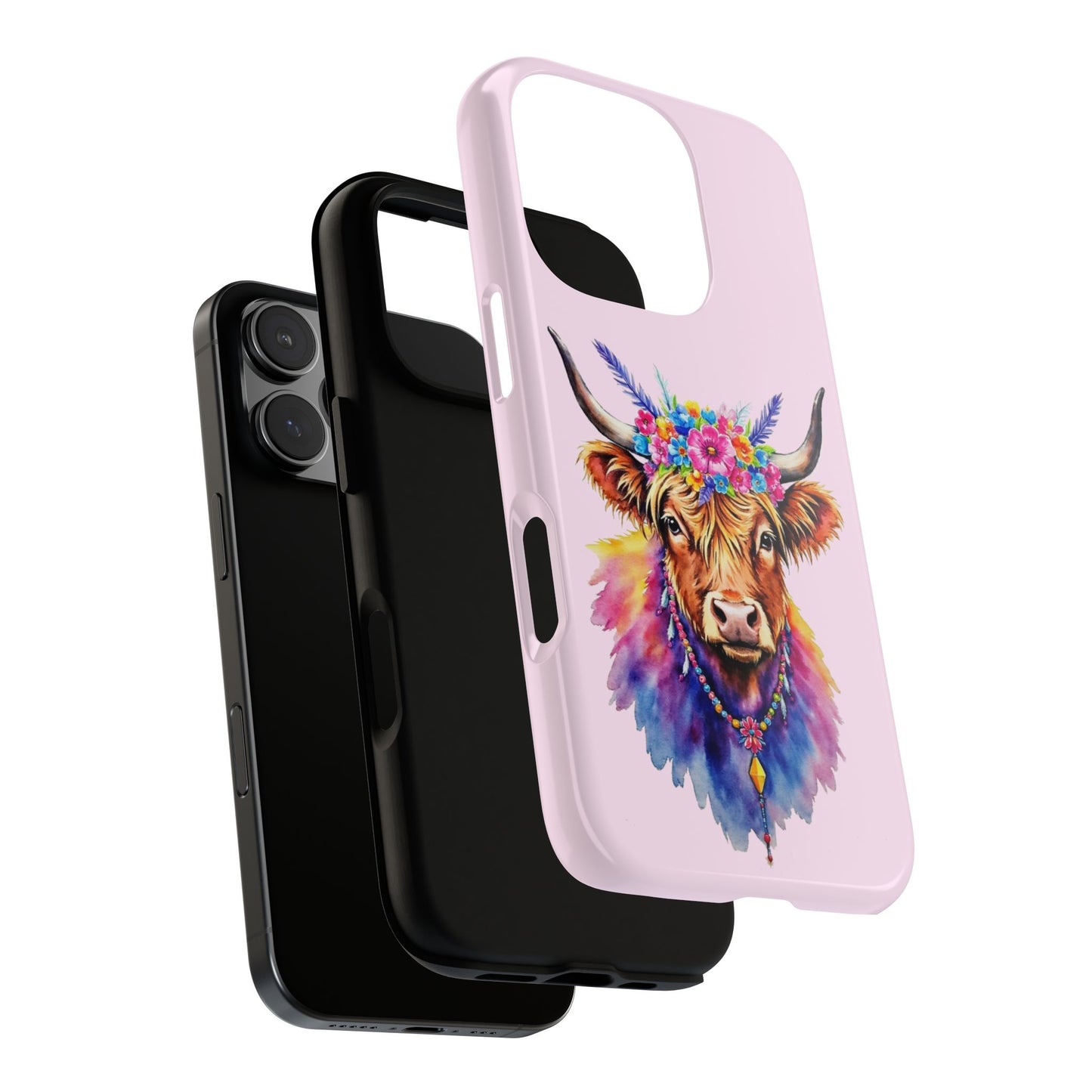 Highland Cow Phone Case - Boho Cow with Flowers & Beads - Psychedelic Watercolor Cow