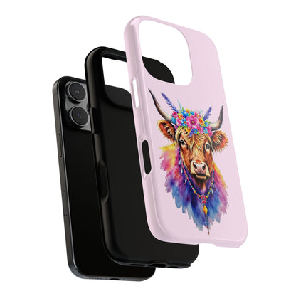Highland Cow Phone Case - Boho Cow with Flowers & Beads - Psychedelic Watercolor Cow